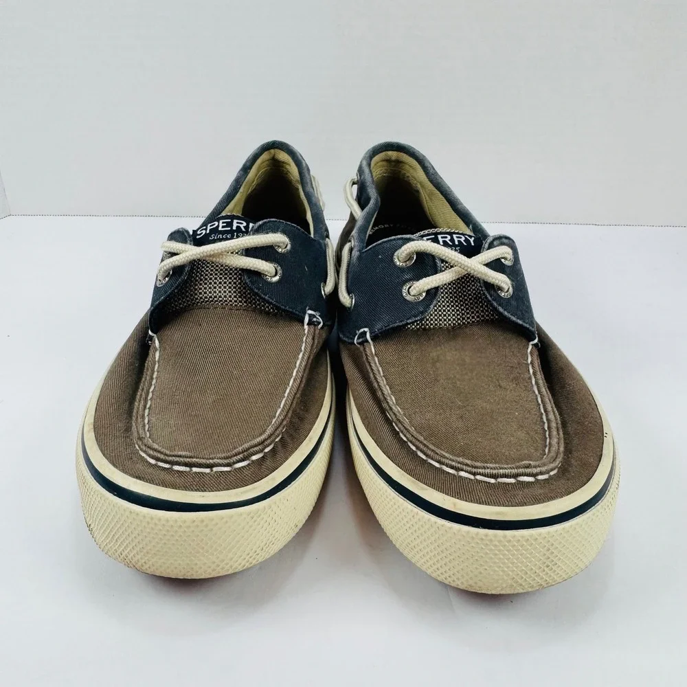 Sperry Top-Sider Bahama 2-Eye Mens 8M Brown Navy Canvas Boat Shoe STS13964